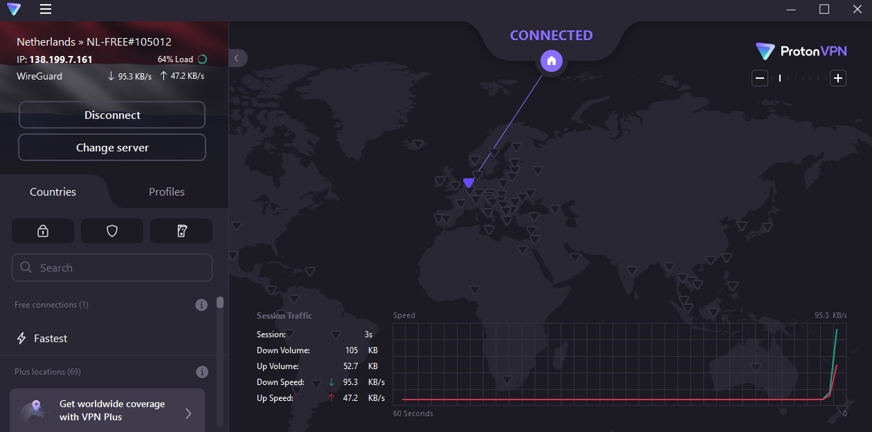 ProtonVPN's dashboard showing VPN connected to Netherlands