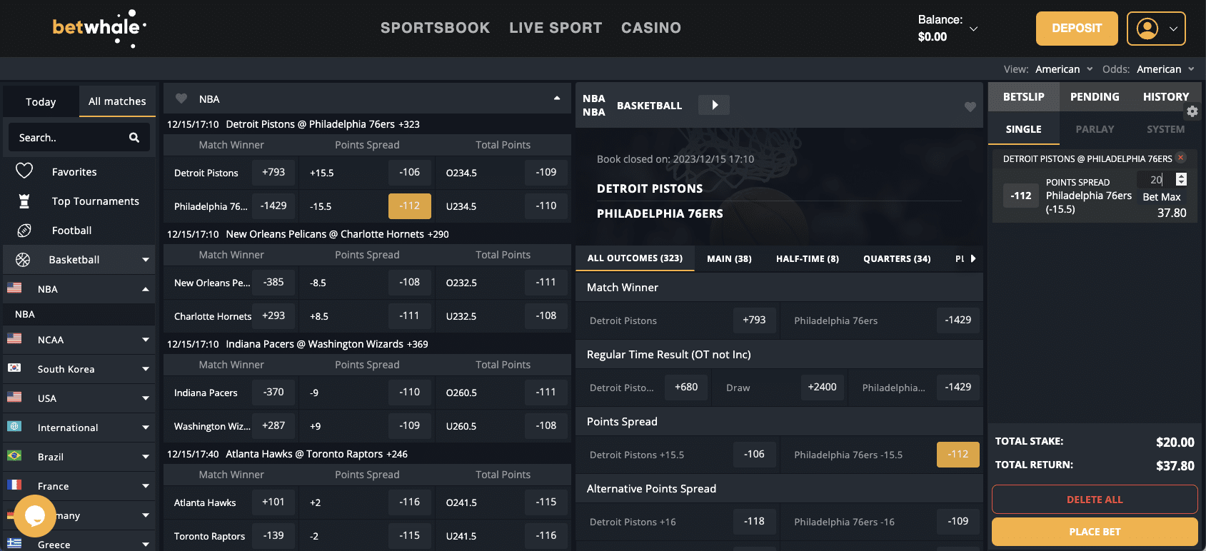 Betwhale NBA odds bet