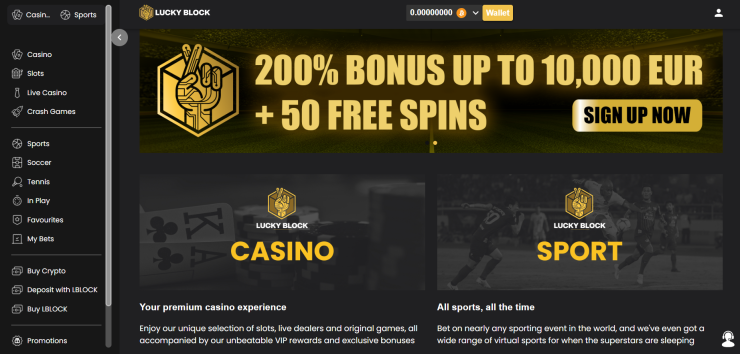 Lucky Block gambling homepage.