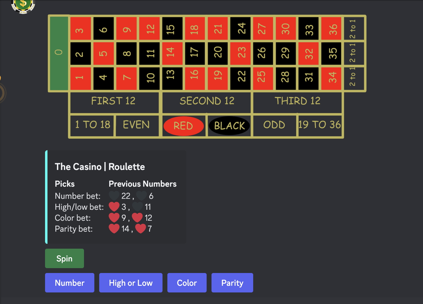Roulette gambling bot on Discord