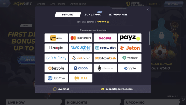 Powbet Payment Methods