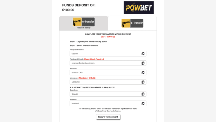 Powbet Interac Merchant Info