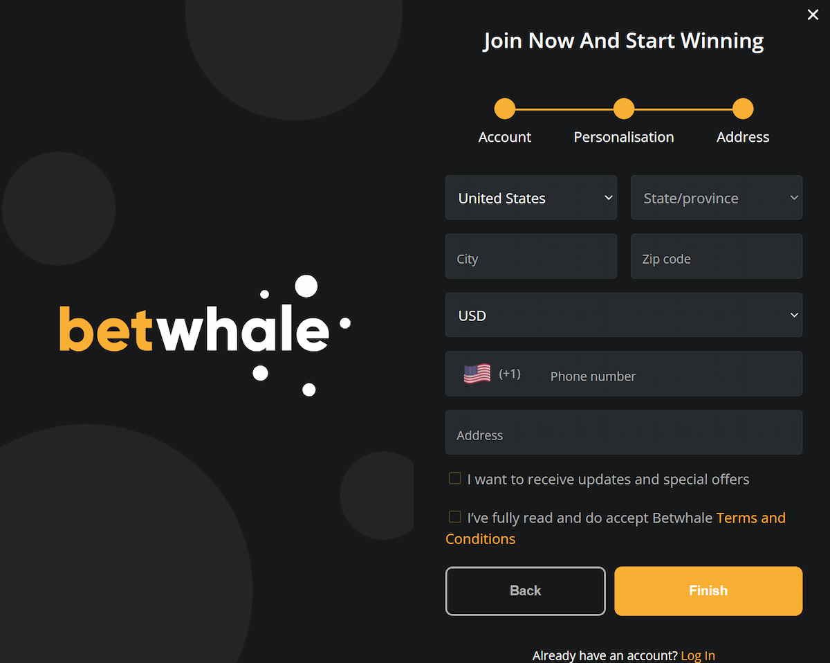 BetWhale review registration form city and currency