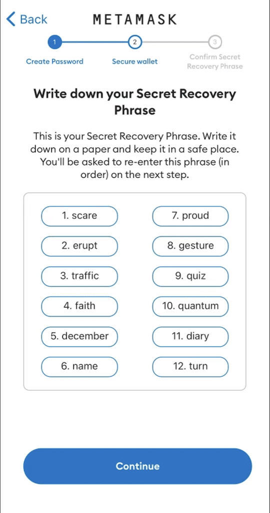 Writing the Secret Recovery Phrase in MetaMask Wallet