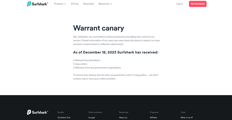 Surfshark Warrant Canary