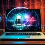 A laptop, a padlock, a crystal ball