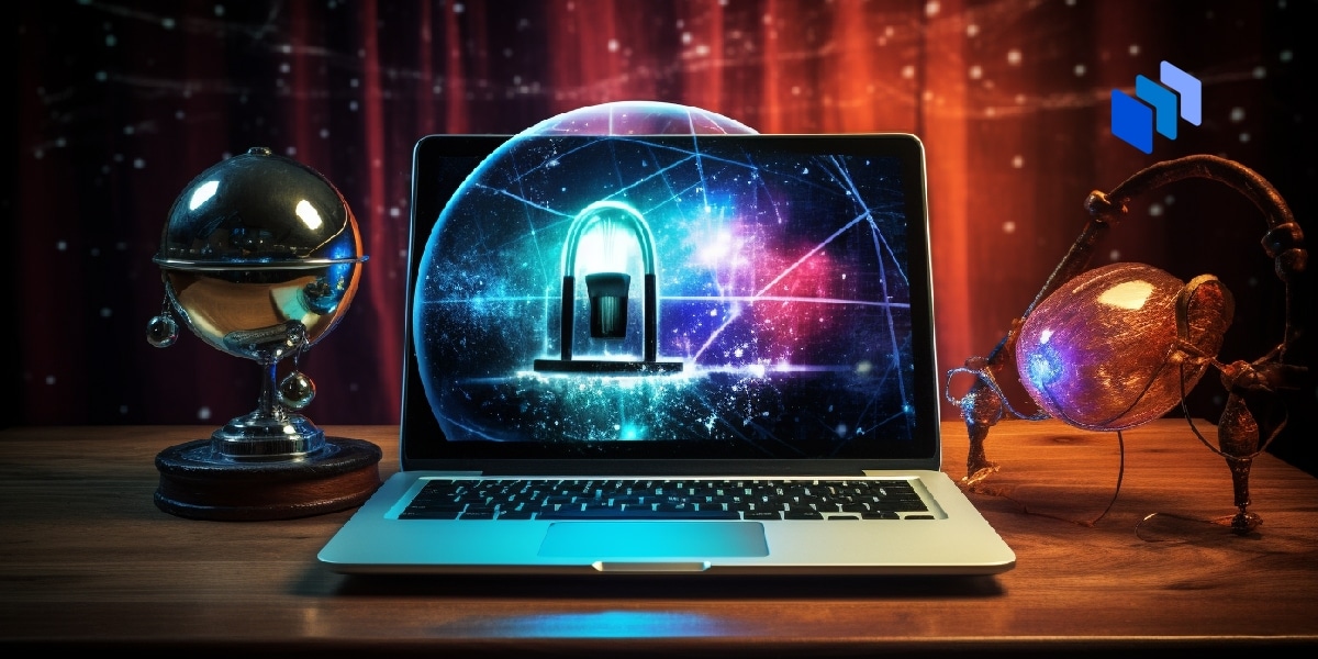 A laptop, a padlock, a crystal ball