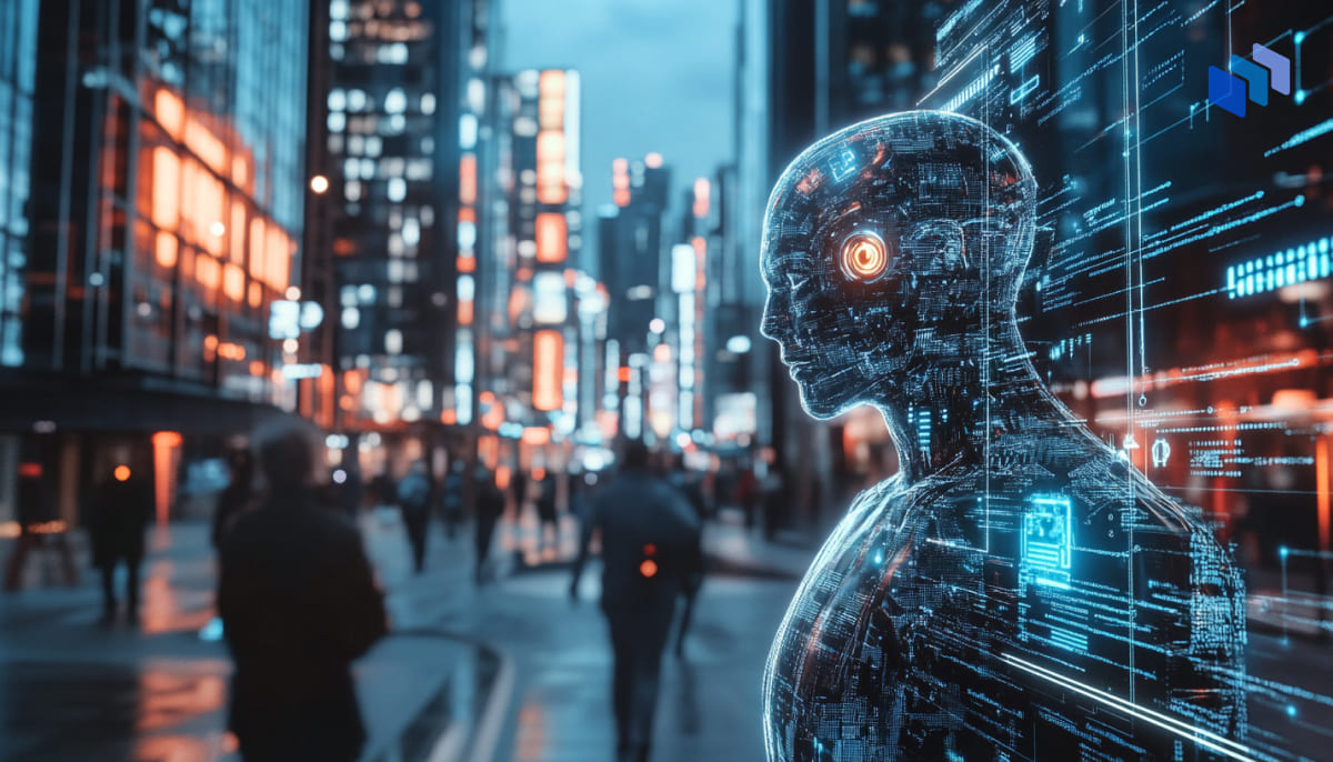 A digital humanoid figure stands in a bustling urban setting, surrounded by colorful neon lights and blurred pedestrians.