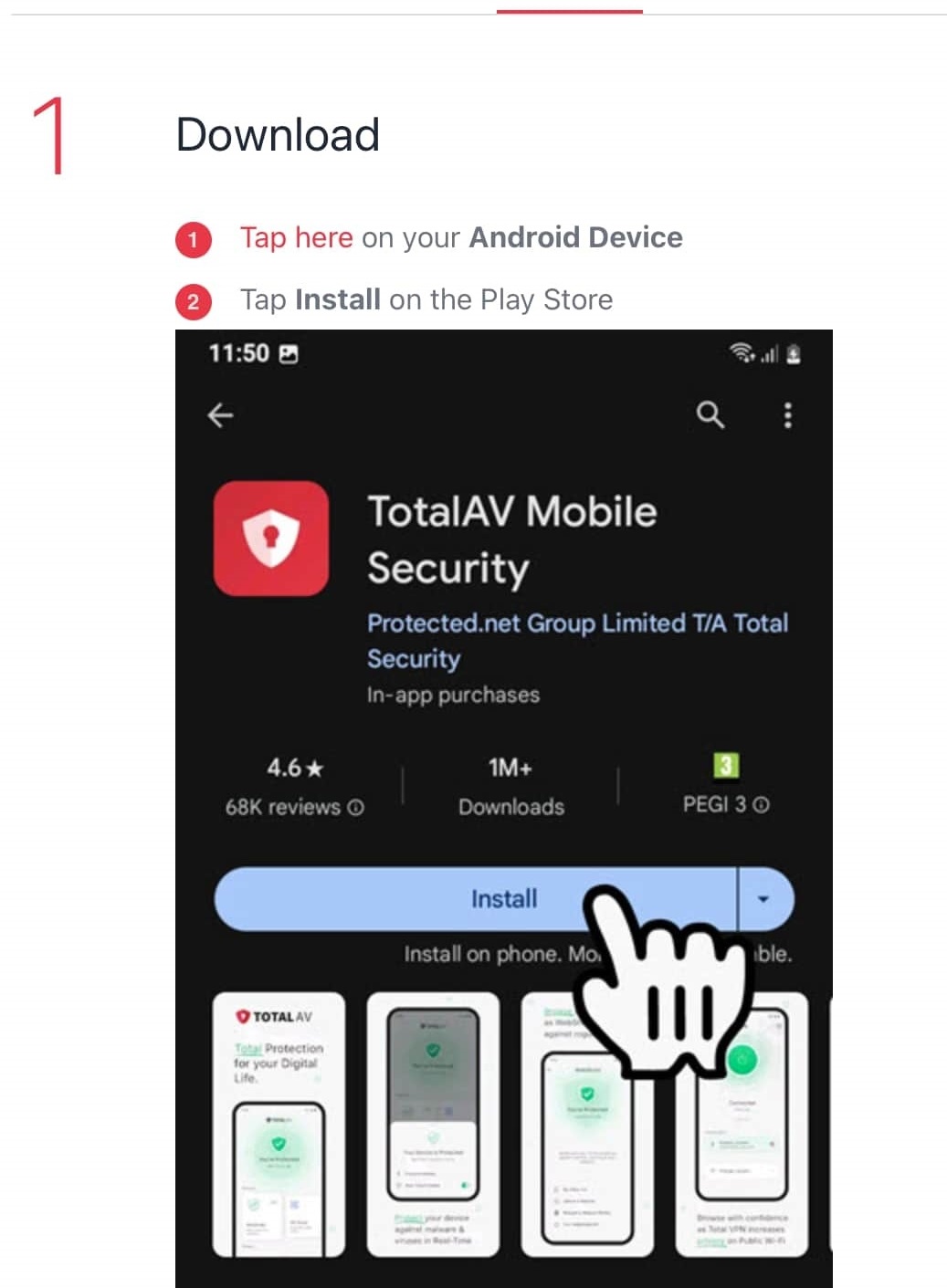 TotalAV Setup landing page with an image of the TotalAV app in the Google Play store.