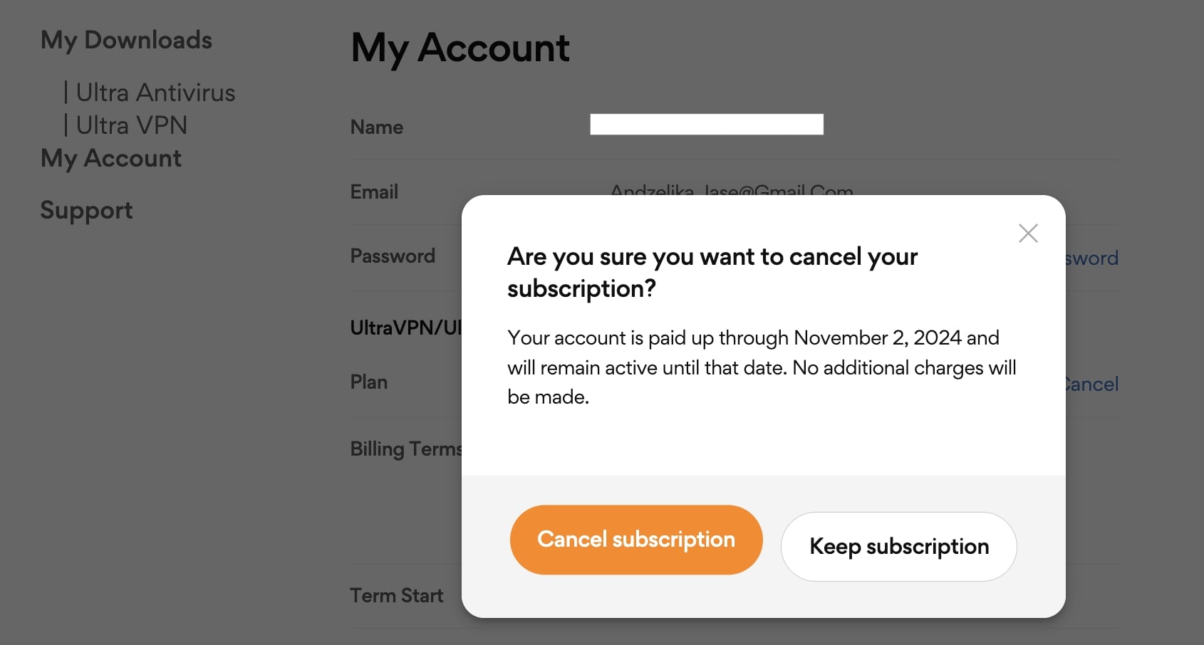 Cancel subscription screen for UltraVPN