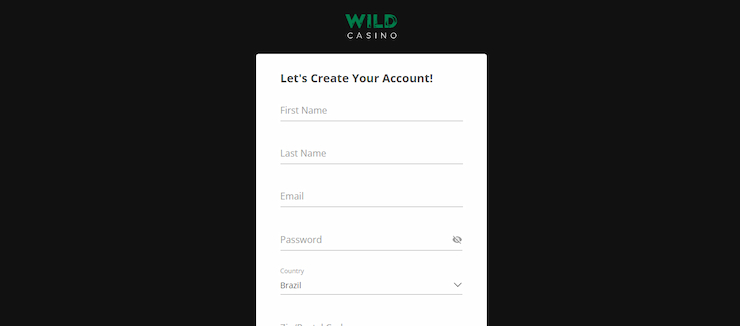 Wild Casino sign up form