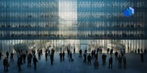 People streaming in and out of an office