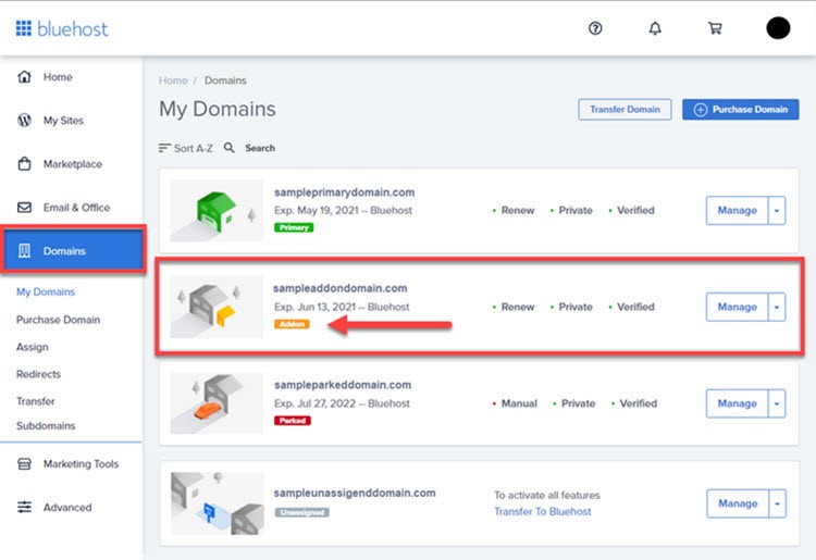Addon Domains option in the Bluehost administration panel