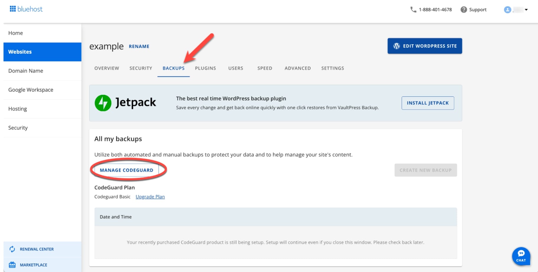 Bluehost security backup feature