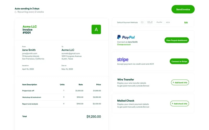 Bonsai's invoicing and payment features