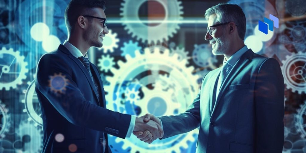 Two men shaking hands with cogs in the background