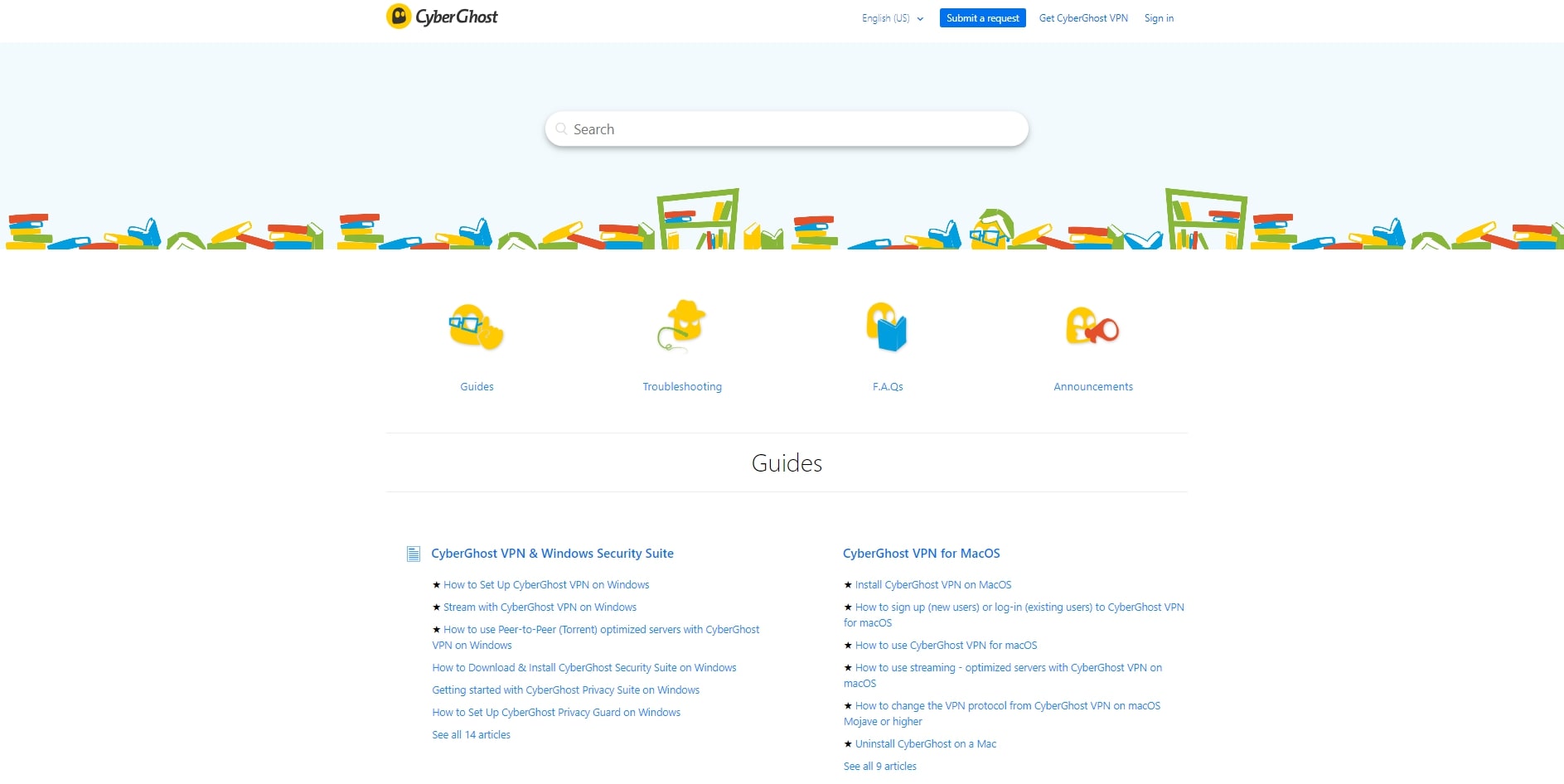 Screenshot of CyberGhost VPN's available guides