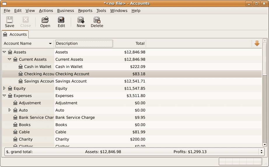 A screenshot of GnuCash's dashboard