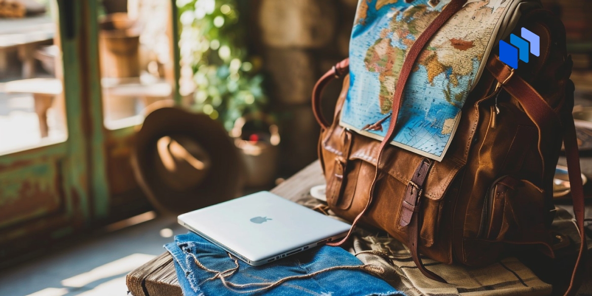 A rucksack, laptop and map of the world