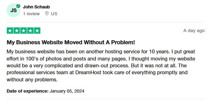 A DreamHost review on TrustPilot
