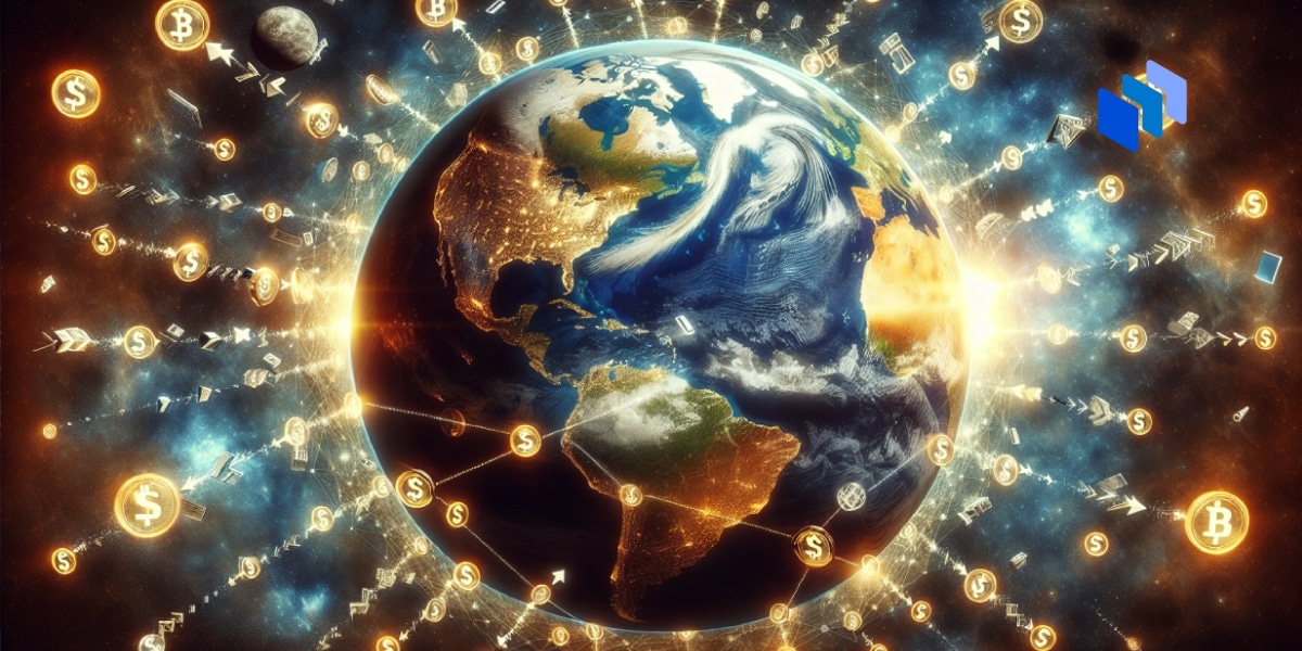 The globe, with payments being sent across it