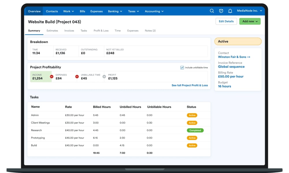 A screenshot of FreeAgent's project management feature
