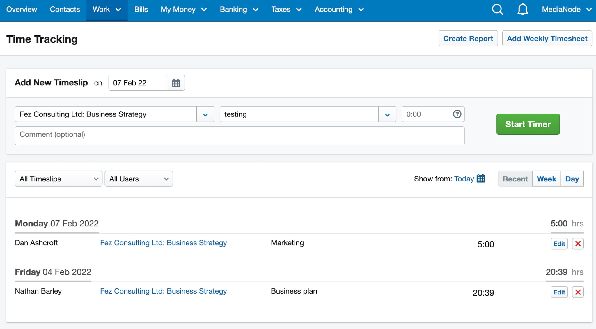 A screenshot of FreeAgent's time tracking feature