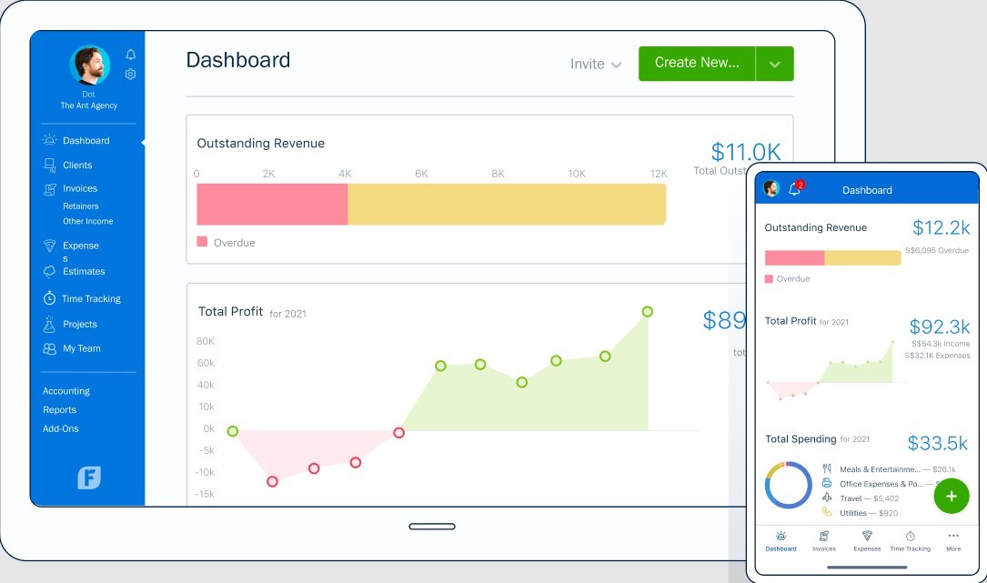 A screenshot of FreshBooks' dashboard