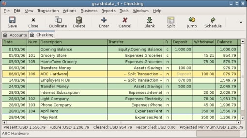 A screenshot of GnuCash's checking features