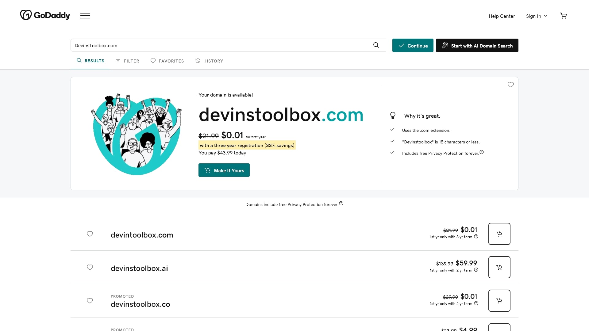 GoDaddy domain name availability