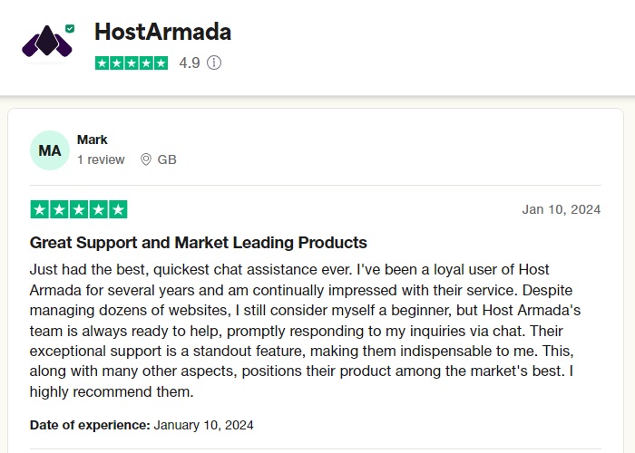 HostArmada Trustpilot review