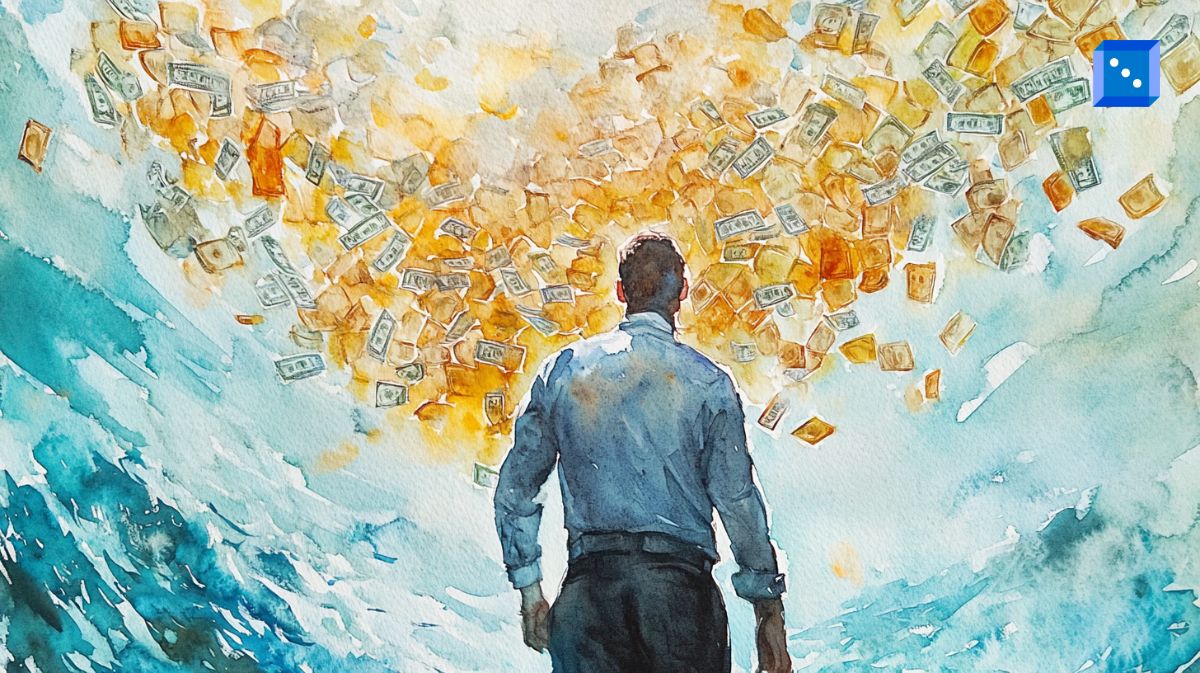 A watercolor-style painting of a man standing at the edge of a vast ocean, gazing up at a dramatic explosion of golden coins and flying dollar bills in the sky. The scene symbolizes immense wealth and financial success, evoking the dreamlike allure of fortune and the high-stakes world of gambling.