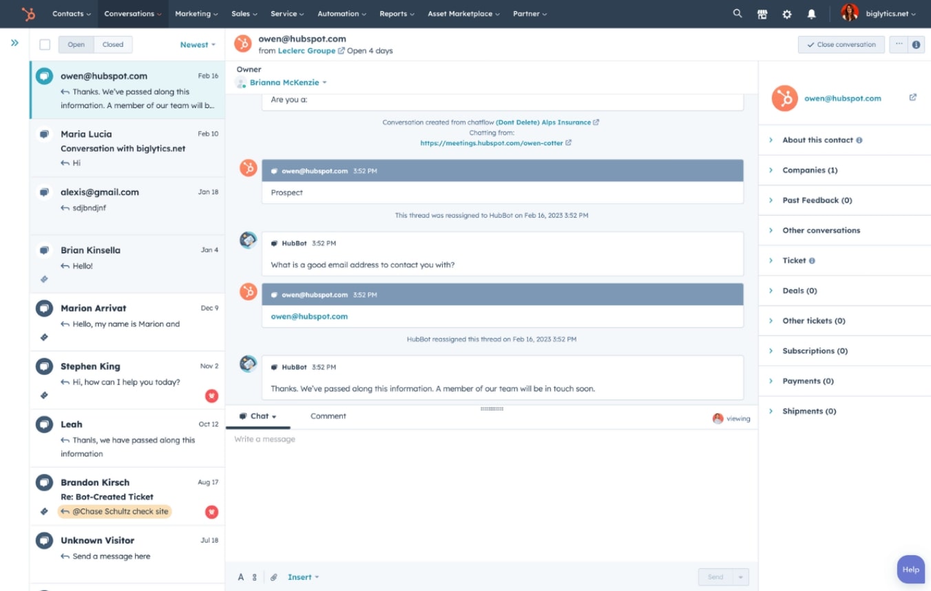 View of a Hubspot chat conversation stored in their centralized inbox
