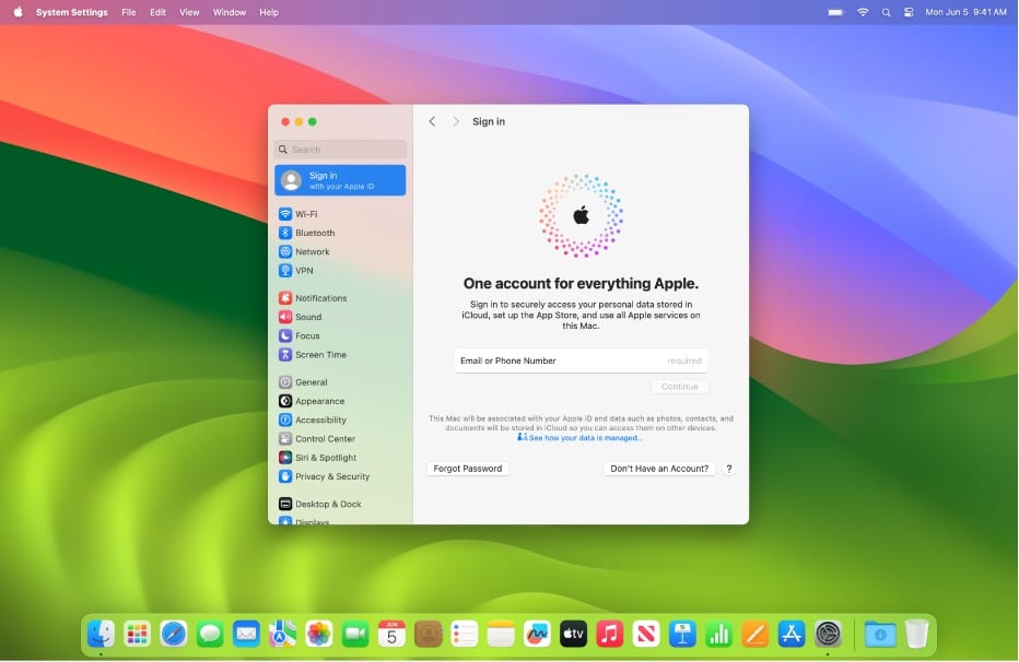 MacOS settings page