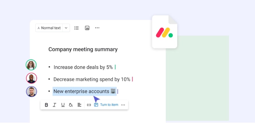 Monday workdocs showing company note meetings