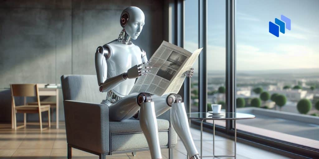 An android reading a newspaper