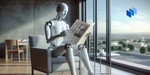 An android reading a newspaper