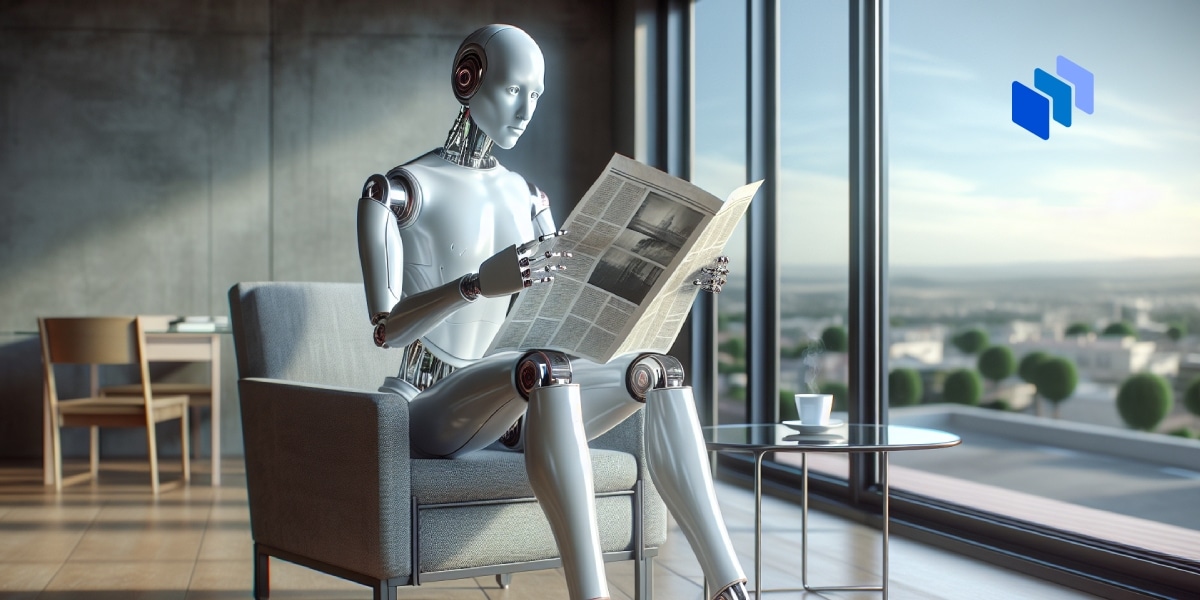 An android reading a newspaper