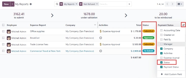 Screenshot of Odoo's revenue and expense tracking feature