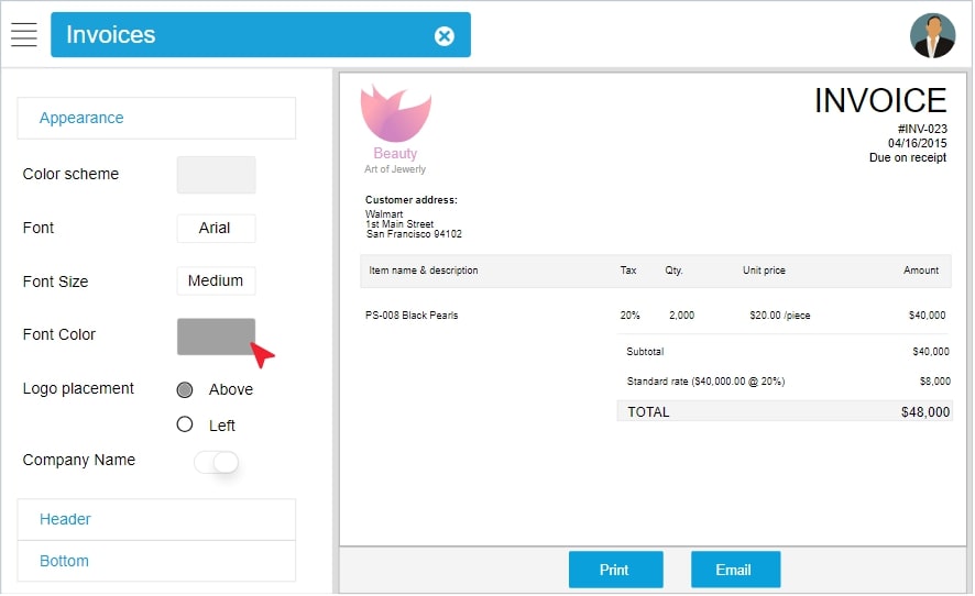 Screenshot of OneUp's invoicing feature