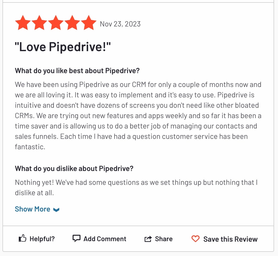 5-star review on Pipedrive on G2.