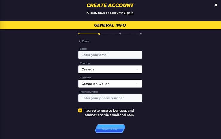 Choose bonus and enter account information
