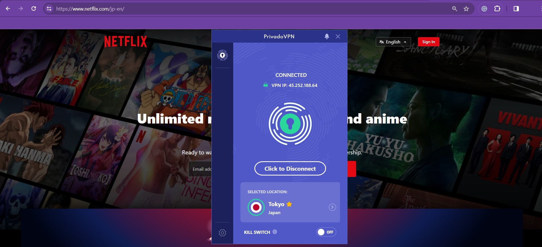 Screenshot of Privado VPN connected to Tokyo with Netflix in the background