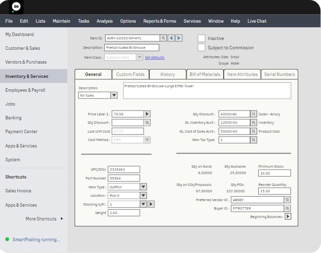 Sage Accounting's inventory management feature