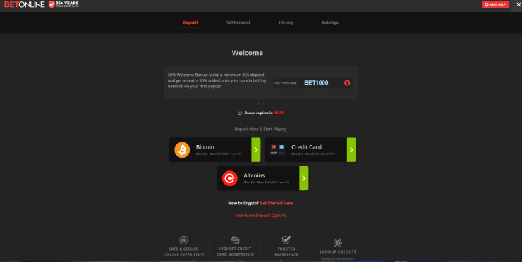 BetOnline deposit options.