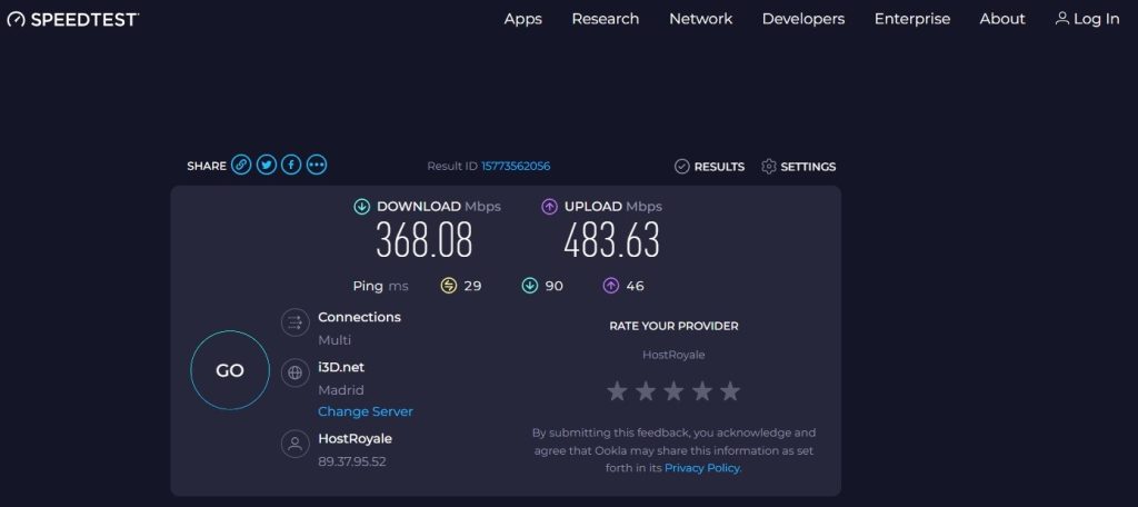 Screenshot of a speedtest while connected to Madrid
