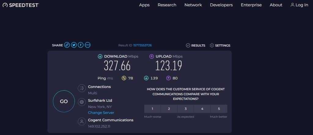 Screenshot of a speedtest while connected to New York