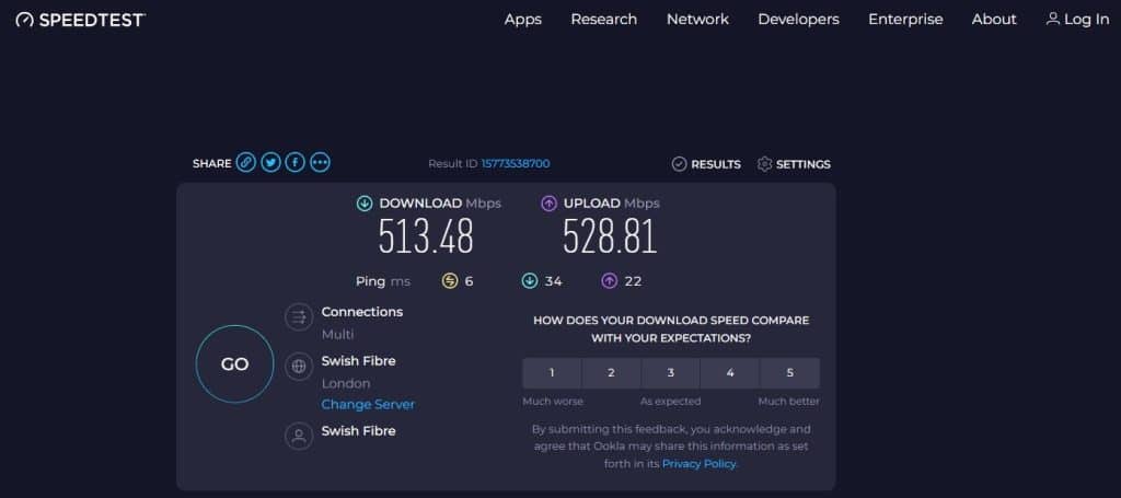 Screenshot of a speedtest while connected to London