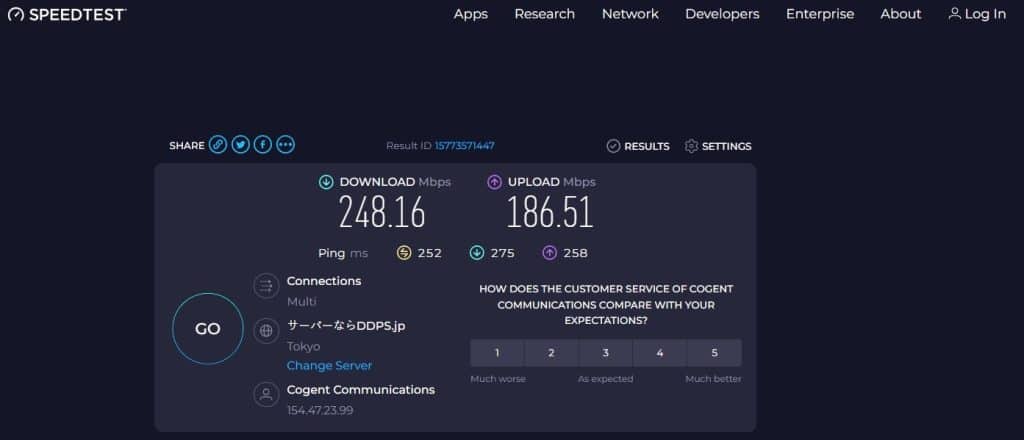 Screenshot of a speedtest while connected to Tokyo