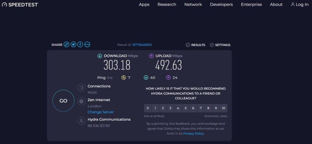 Screenshot of a speedtest while connected to London